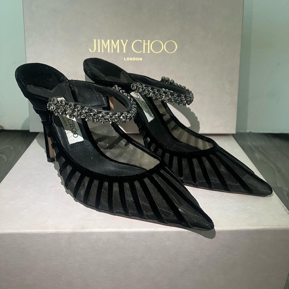 Jimmy Choo Bing 100 Black Mesh Crystal Mules – Size 41